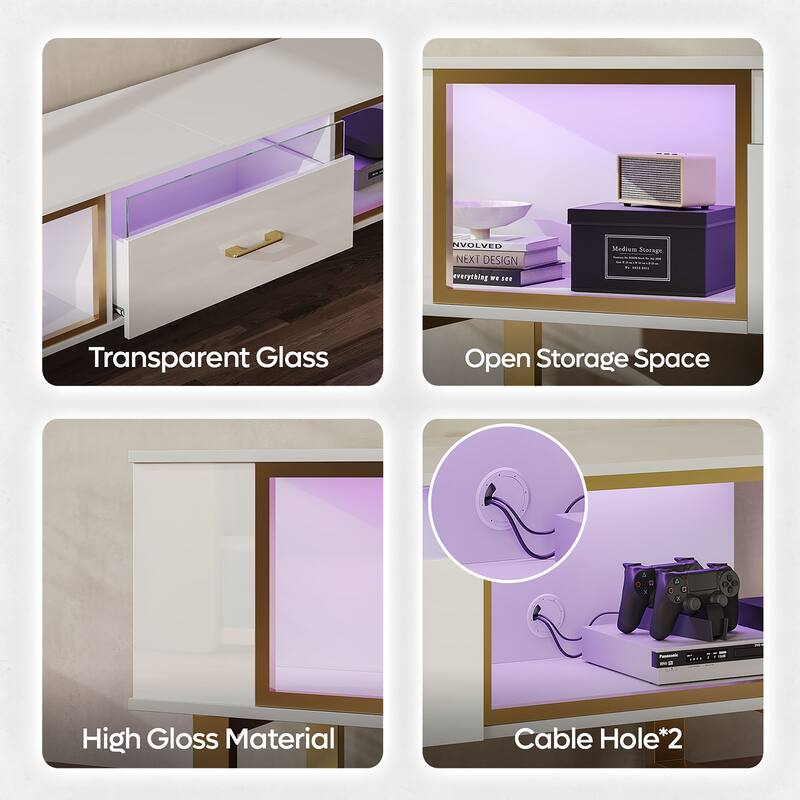70" Led TV Stand for 75/80 inch TV, Glossy Media Console with Half-Glass Drawer