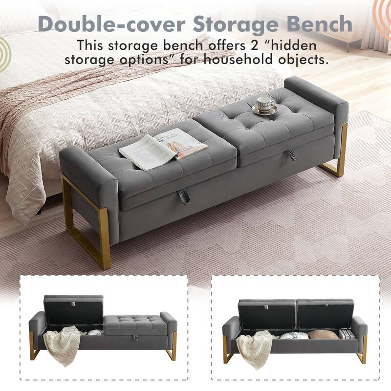 66" Storage Bench for Bedroom End of Bed with Double Lids and Gold Legs
