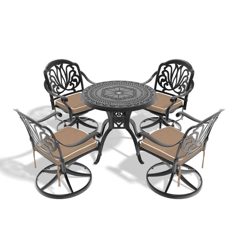 5-Piece Aluminum Round Outdoor Patio Dining Set, 4 Cushioned Swivel Chairs, Table, All-Weather Frames