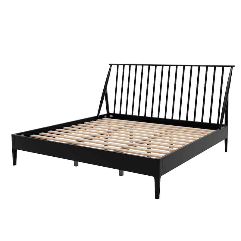 Solid Bamboo Platform Bed Bohemian Bed Frame with 46.5" Tall Spindle Headboard/Wooden Slats & Metal Support/No Box Spring Needed
