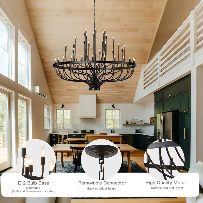 Black Chandelier Modern Farmhouse Chandelier for Dining Room Round Industrial Candle Chandeliers Light Wagon Wheel Chandelier