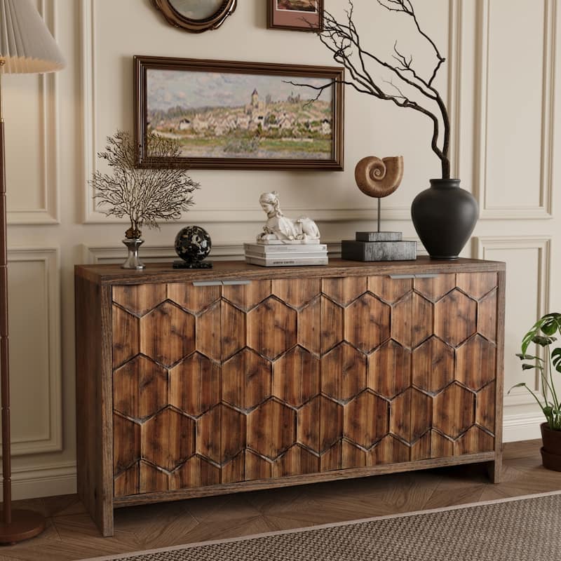 Wooden 4-Door Sideboard with Antique Finish, Ideal for Living Room, Kitchen, or Office Storage