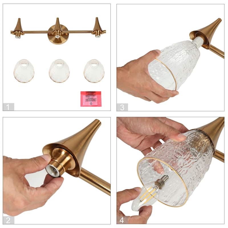 Modern Glam Gold 3-Light Bathroom Vanity Light Glass Wall Sconces - Electroplated Brass - L 21" x W 6" x H 8.7"