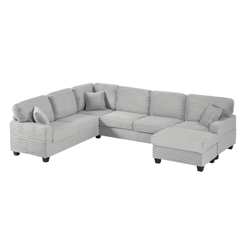 U Shaped Sectional Sofa with 1 Movable Ottoman, Corduroy Upholstered 6 Seater Sofa, Corner Sofa with Storage Pockets