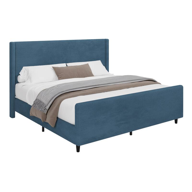 Vertical Stripe Wingback Bed Corduroy Fabric Frame Platform Bed