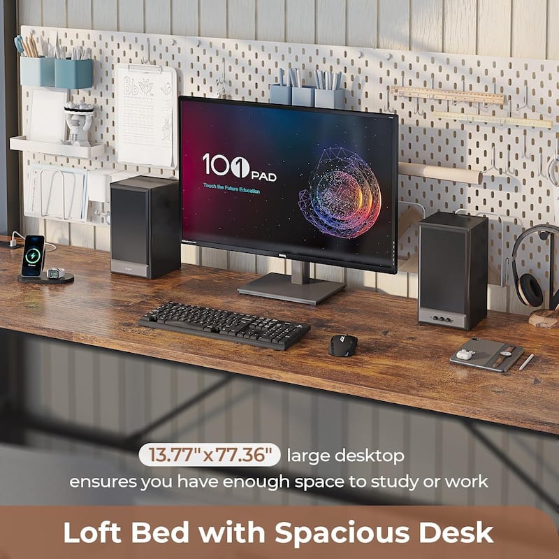 Loft Bed with Desk Gaming Bunk Bed LED Lights Charging Station