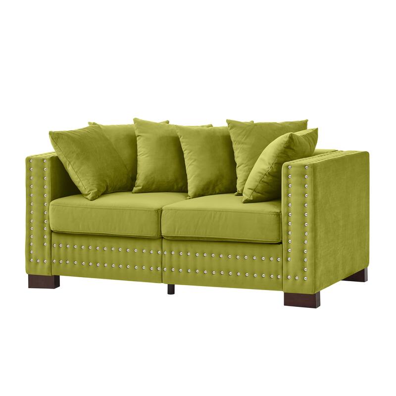 Velvet Loveseat Sofa Deep Seat Storage Couch with Pillows and Square Armrests with Silver Nails Decoration for Living Room