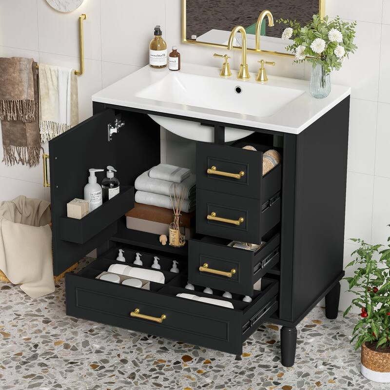 30" Bathroom Vanity with Ceramic Sink, Soft-Close Door, Built-in Shelf & Ample Storage - Black