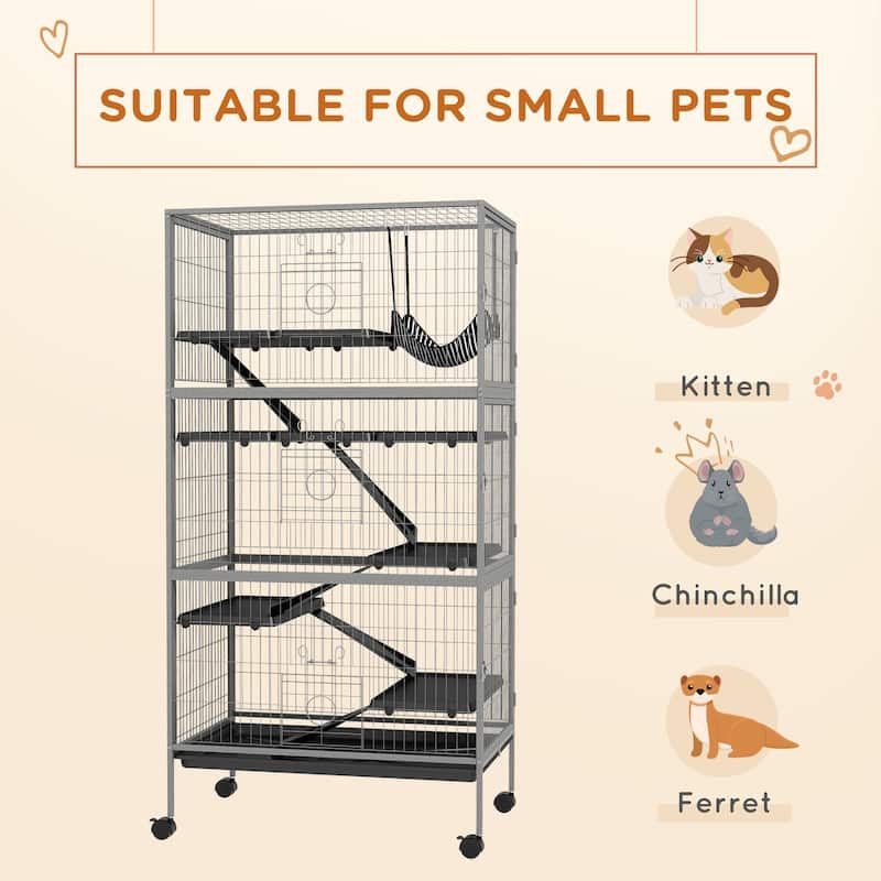 Grey Steel 6-Tier Small Pet Cage with Ramp, Hammock and Wheels - 31.5" L x 20.5" W x 62.6" H