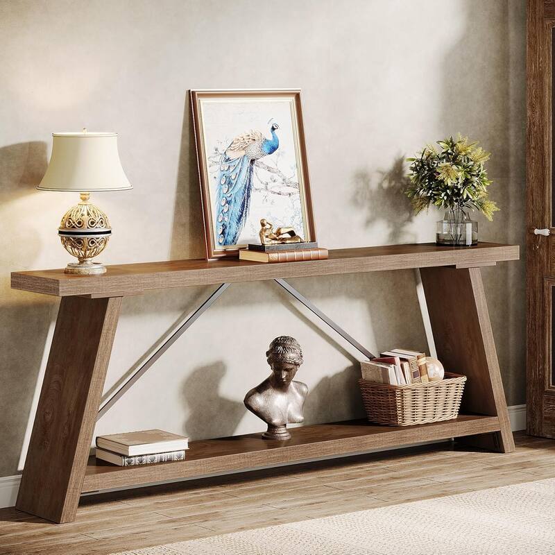 70.9" Extra Long Industrial Console Table Behind Couch with Storage Shelves for Living Room, Foyer - Natural & Light Brown