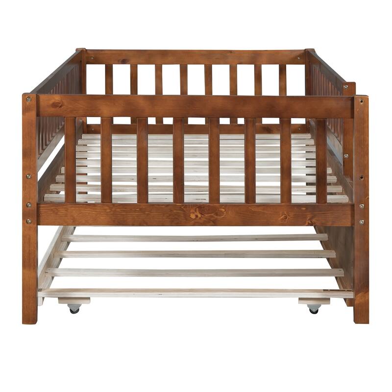 Twin Size Wooden Daybed with Trundle and Fence Guardrails, Space-Saving Design