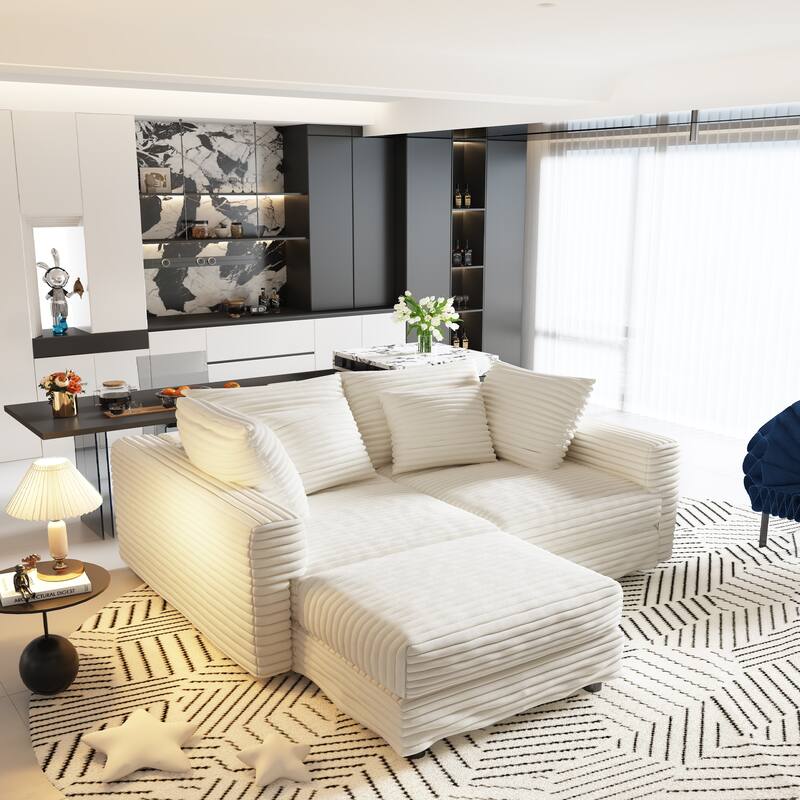 102.4 " Corduroy Modular Sofa, Modern Upholstered Sofa Cloud Couch, Deep Seat Couches w/ Pillows, Movable Ottoman for Apartment