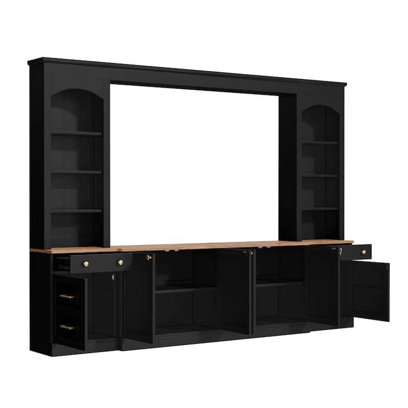 Farmhouse Arched Entertainment Center Wall Unit with Bookshelf,for TVs Up to 70",106"Multi-Functional Media Console with Drawer