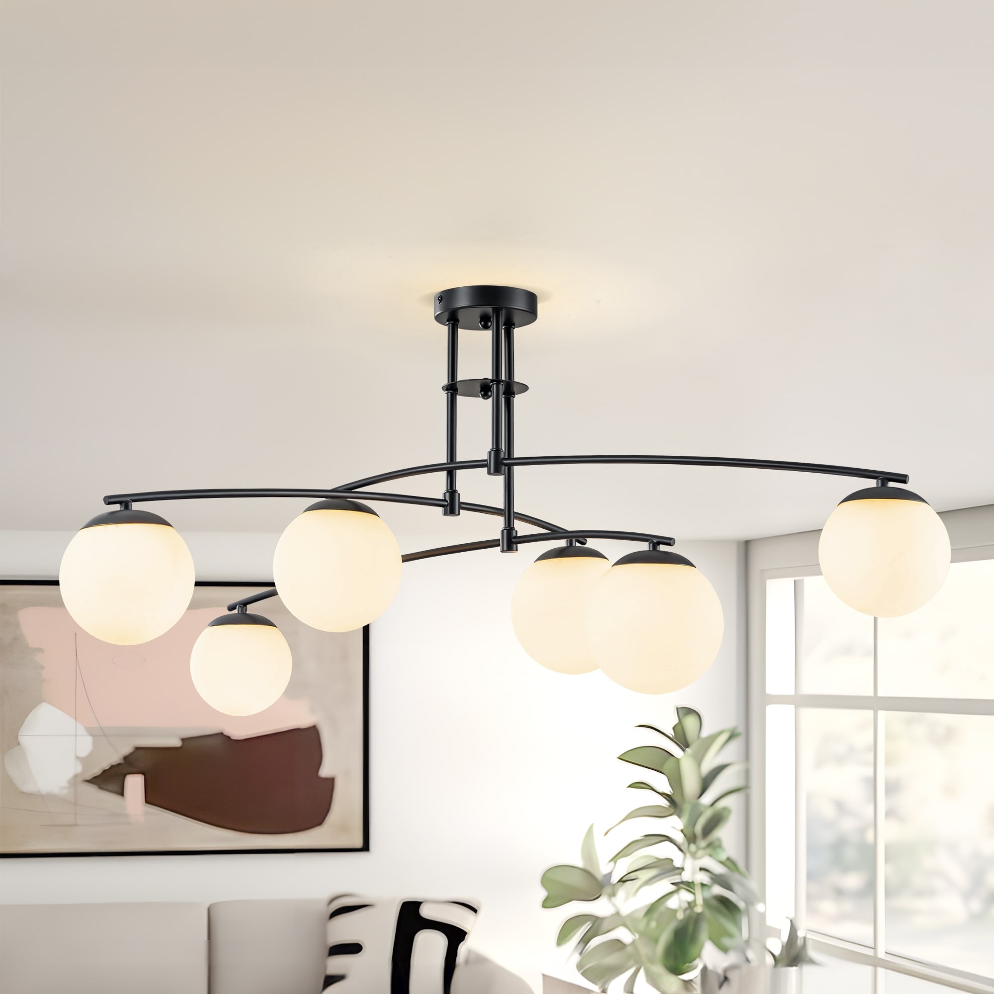 Elser 6 Light Sputnik Globe Ceiling Light Frosted Opal Glass Globe Bubble Semi Flush Mount Light 31.5 Brushed Gold