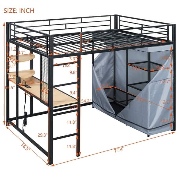 dimension image slide 0 of 2, Full Size Loft Metal Bed with Desk, Shelves, Power Outlet, LED Light and Wardrobe, White
