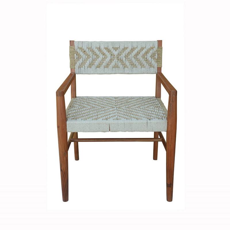 Kia 21 Inch Accent Armchair, Acacia Wood, Cotton Woven Design Natural Cream