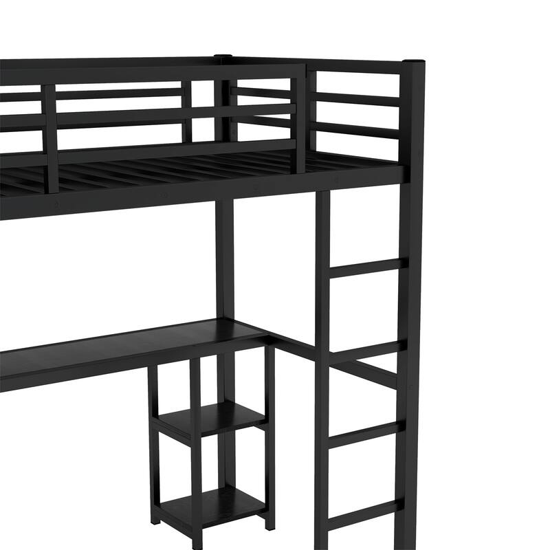 Twin XL Size Metal Loft Bed Frame with Built-in Wardrobe, Desk and Storage Shelves