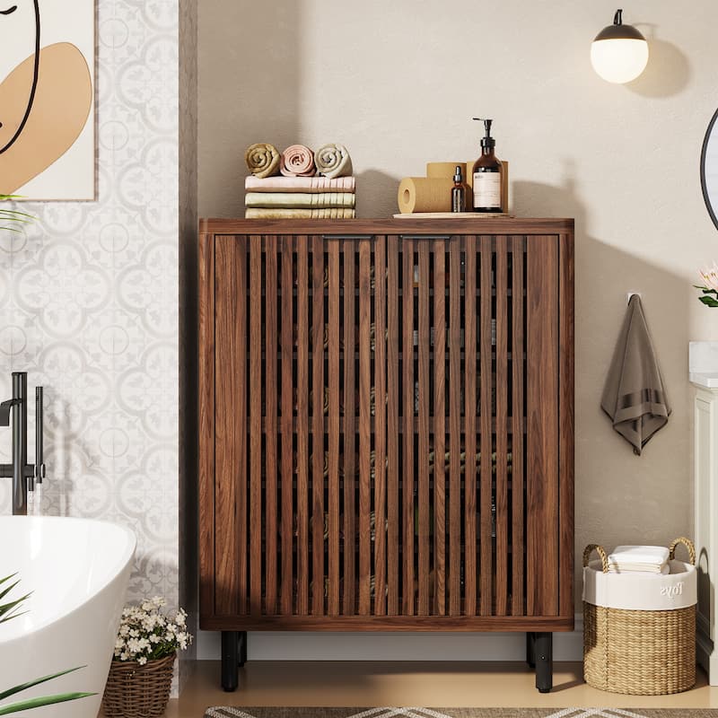 Wooden Bathroom Floor Cabinet, Adjustable Shelves Large Storage Sideboard Accent Cabinet for Bathroom Kitchen Living Room