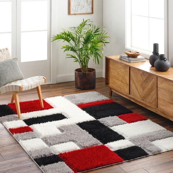 slide 2 of 12, Livabliss Bologna Colorblock Geometric Plush Area Rug 5' 3" x 7' - Black/Red