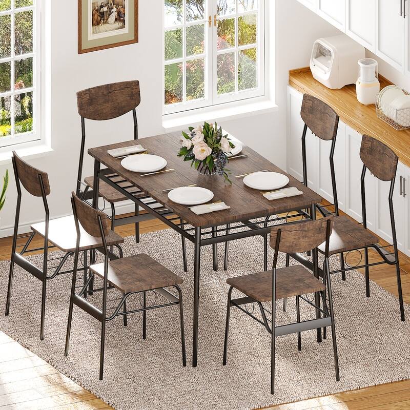 7-Piece Dining Table Set for 6, 43.3'' Kitchen Table and Wood Chairs with Storage and Backrest