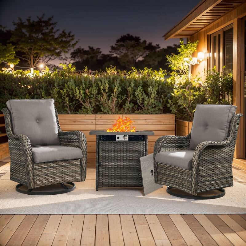Gymojoy 3-Piece Outdoor Chair Set with Swivel Chairs & 55K BTU Fire Pit Table - Grey Wicker / Grey Cusion - 3-Piece