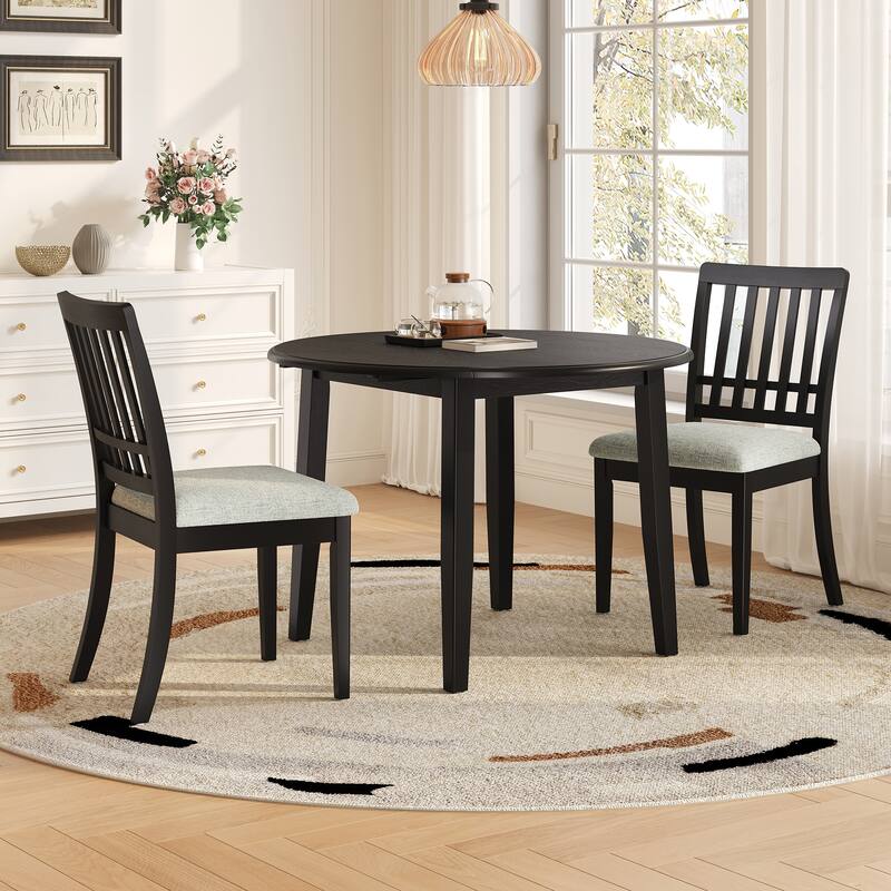 3-Piece Round Dining Table Set for 2 People, 1 Folding Wood Dining Table + 2 Upholstered Chairs, for Small Apartments