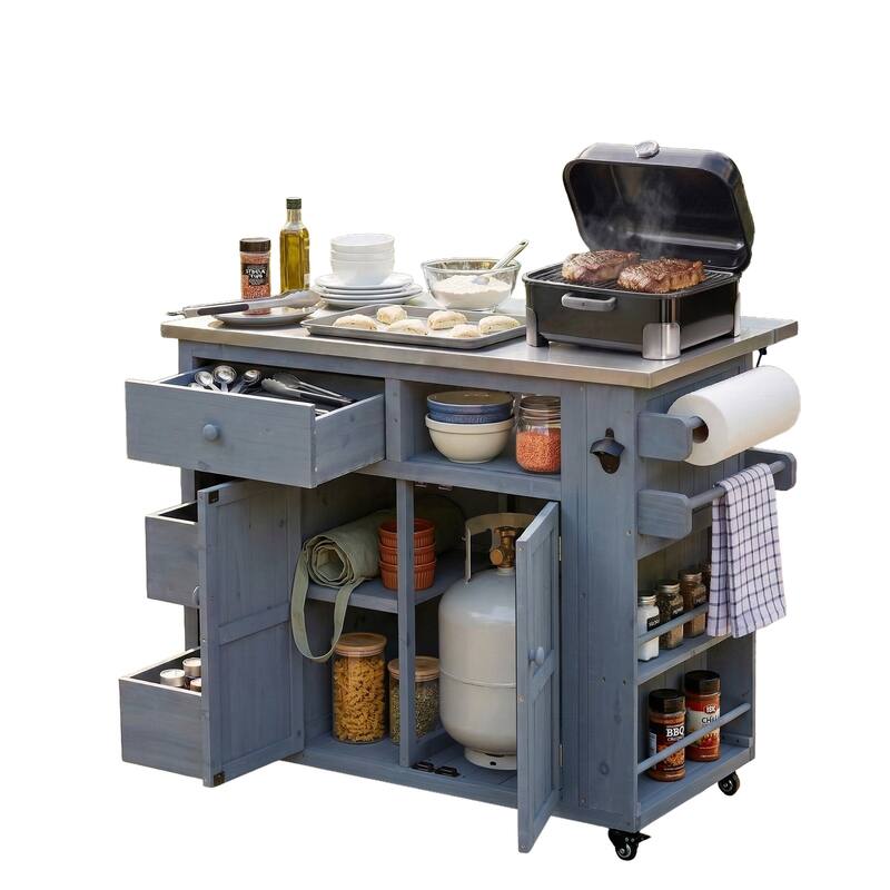 Outdoor Solid Wood Extendable Kitchen Island with Stainless Steel Top, Side Spice Rack, Drawers & Storage Cabinet