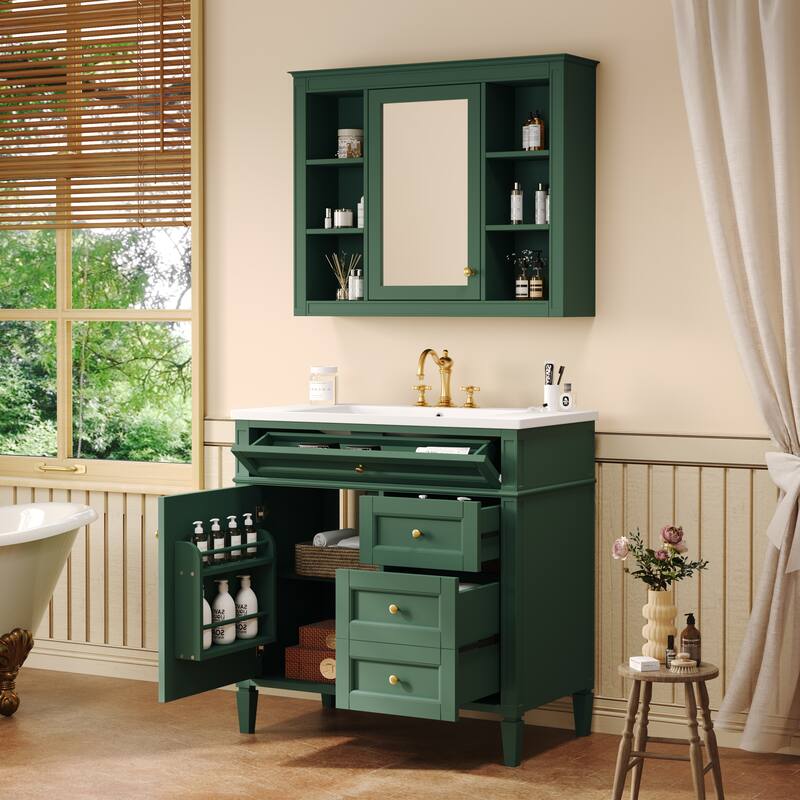 Freestanding Bathroom Vanity & Wall Mounted Mirror Cabinet Set with Resin Sink, Open Shelves, Drawers and Adjustable Shelves