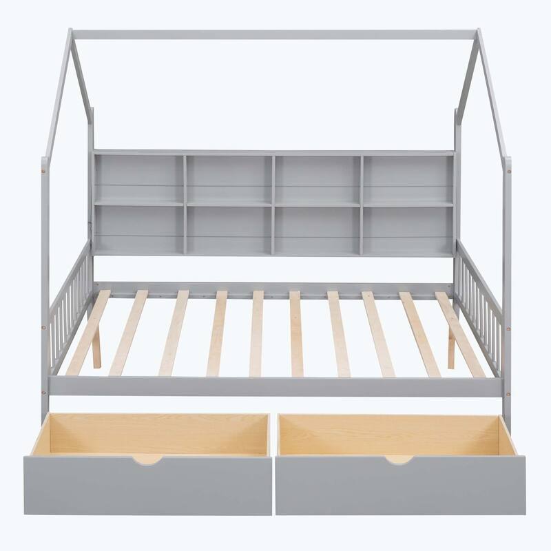 Comfortable Wooden House Bed with 2 Drawers,Kids Bed with Storage Shelf