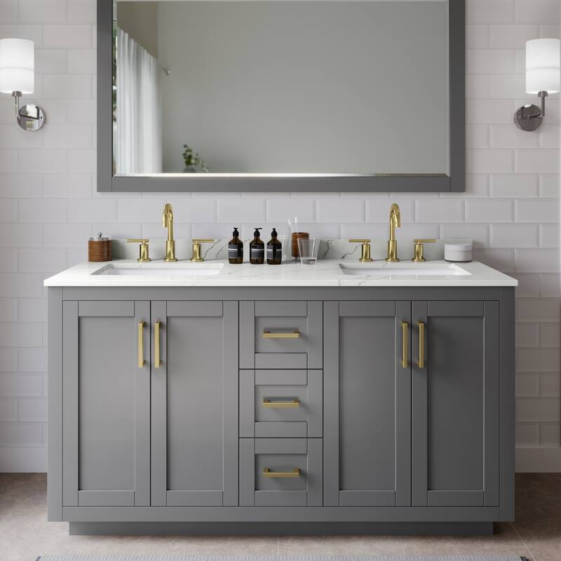 Wyndham Collection WCF292960D-QTZ-US3MXX Miranda 60" Free Standing - Dark Gray / Giotto Quartz Top / Brushed Gold