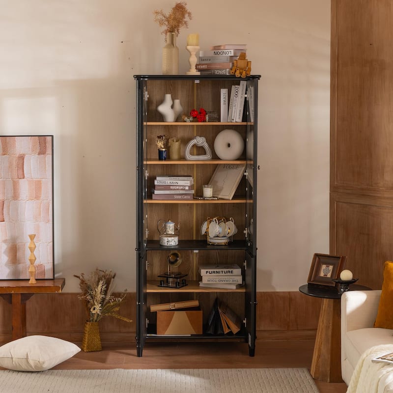 Roomfitters 73.25'' Vintage Display Cabinet with Glass Doors, Mid-Century Pantry Cabinet with Storage, Black & Natural