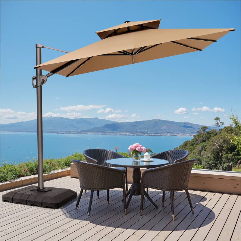 9 x 12 ft Double Top Patio Cantilever Umbrella with Base, 360-degree Rotation