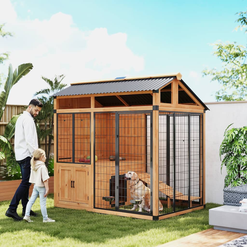 PawHut Wooden Outdoor Dog House, Walk-In Kennel with Storage, Platform, Stairs, Waterproof Roof, Bowls, 7' x 5'