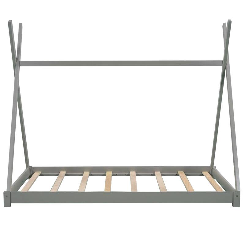 Wood Twin Size House Platform Bed with Triangle Structure Bed Frame