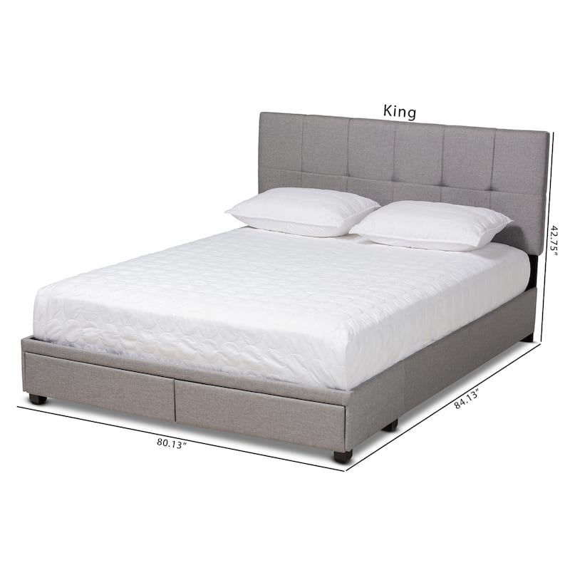 Queen Size Storage Bed with Drawers - Fabric Upholstered Platform Bed Frame - Grey, 2 Drawer