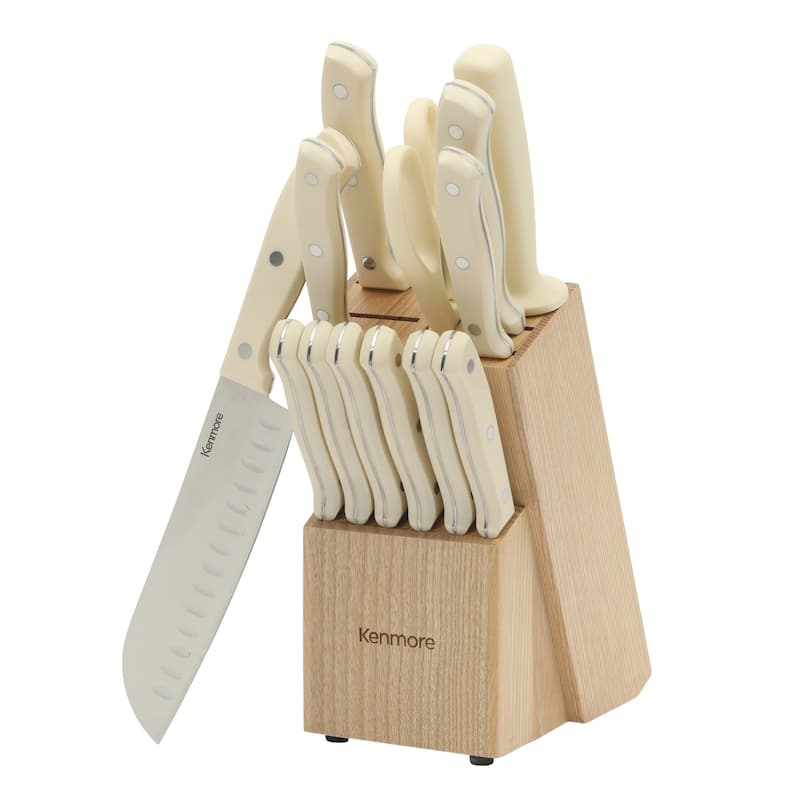 Kenmore Kane 14-Piece Stainless Steel Kitchen Knife Block Set - Triple Rivet ABS Handles.