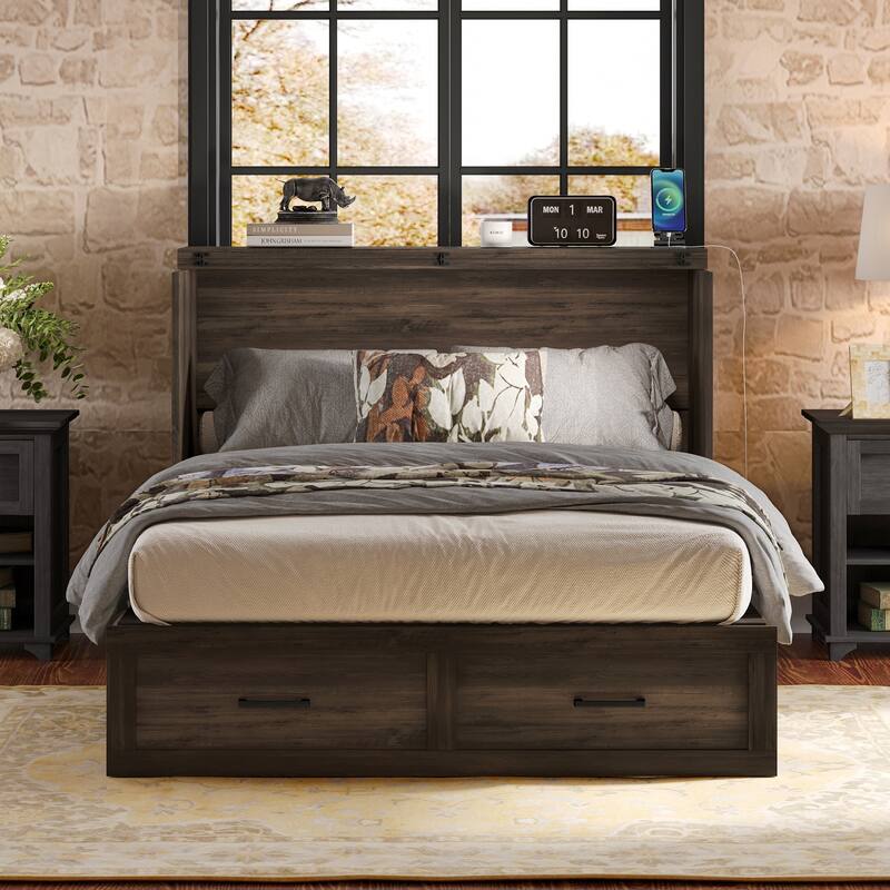 Farmhouse Murphy Cabinet Bed with Charging Station, Foldable Platform Bed with Large Storage Drawer