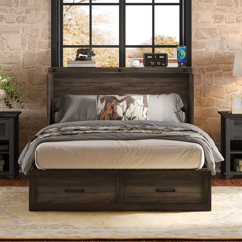 Wooden Foldable Murphy Cabinet Bed Platform Bed Bottom Large Storage Drawer Side with Outlets and USB Ports