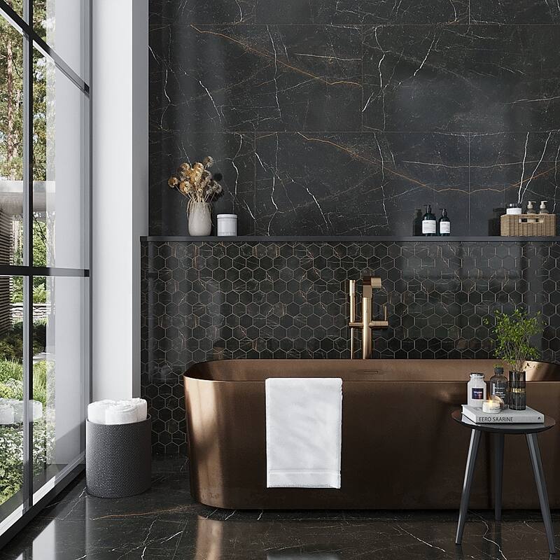 Apollo tile 24" x 48" Splendor Polished Sable Black Porcelain Tile (15.55 sq ft/case) - 2 Pack