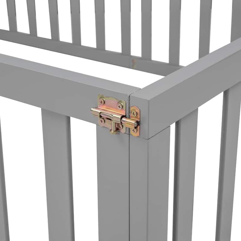 Safe Play Area, Full Size Wooden Floor Bed Frame with Fence and Door, Open Design Low Bed for Kids, Without Slats