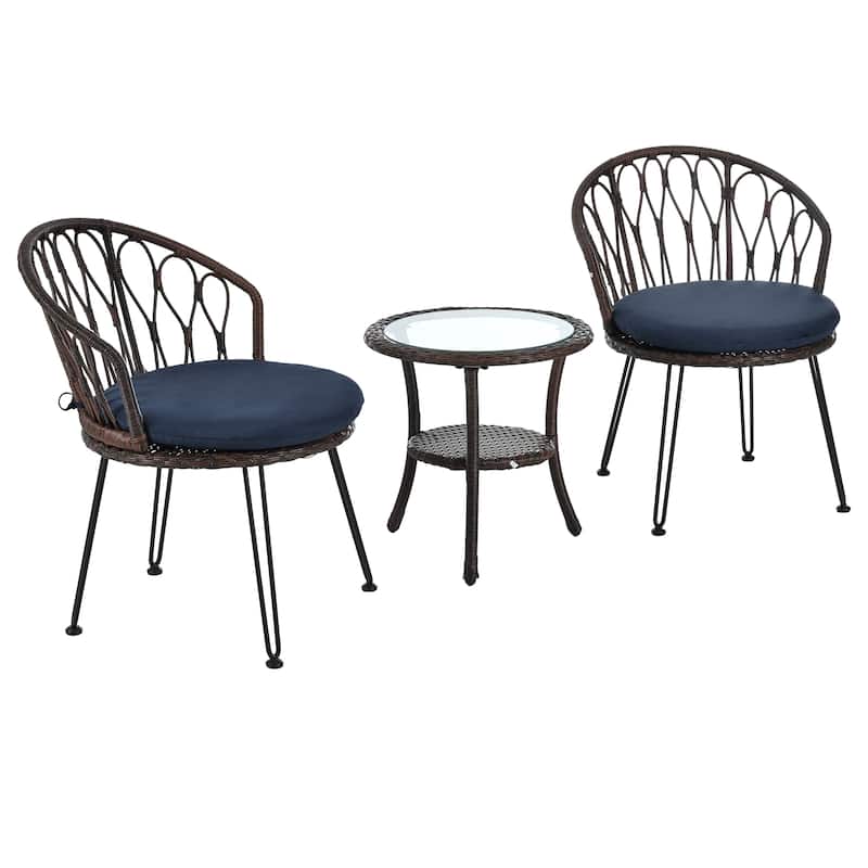 Outdoor Leisure Set, 2 Rattan Single Chairs with A Glass Round Table, Perfectly Suited for Patios, Balconies, and Courtyards