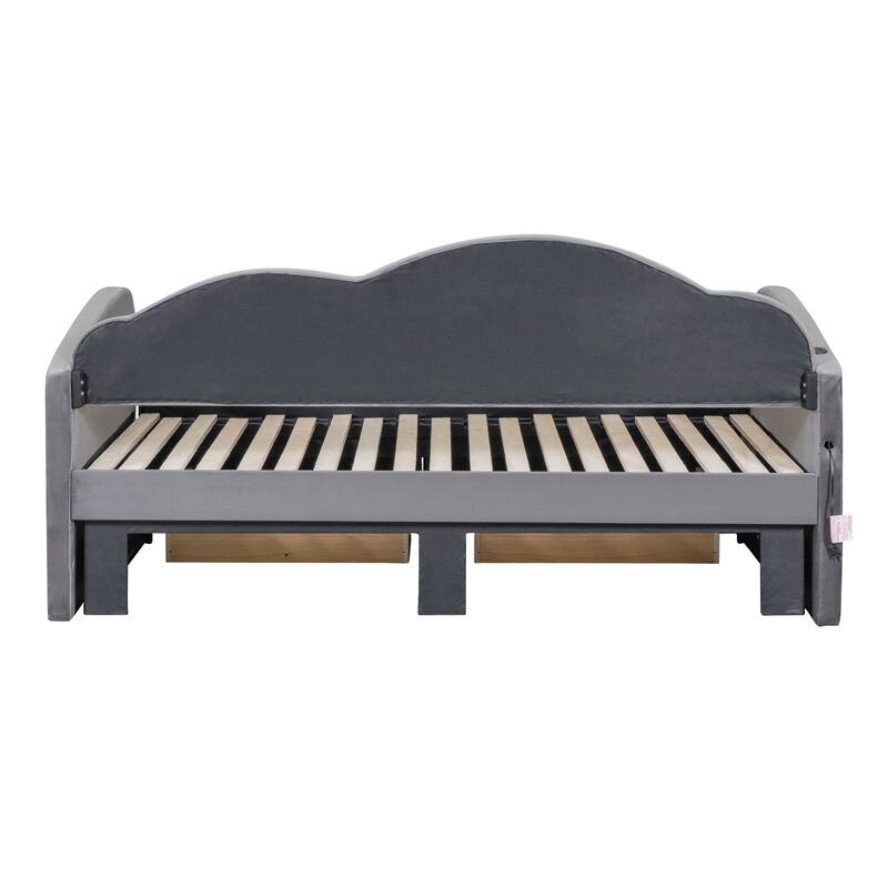 Cloud-Shaped Backrest Daybed, Twin To King Extendable Sofabed, Velvet Upholstered Platform Bed Frame with 2 Arc Armrests