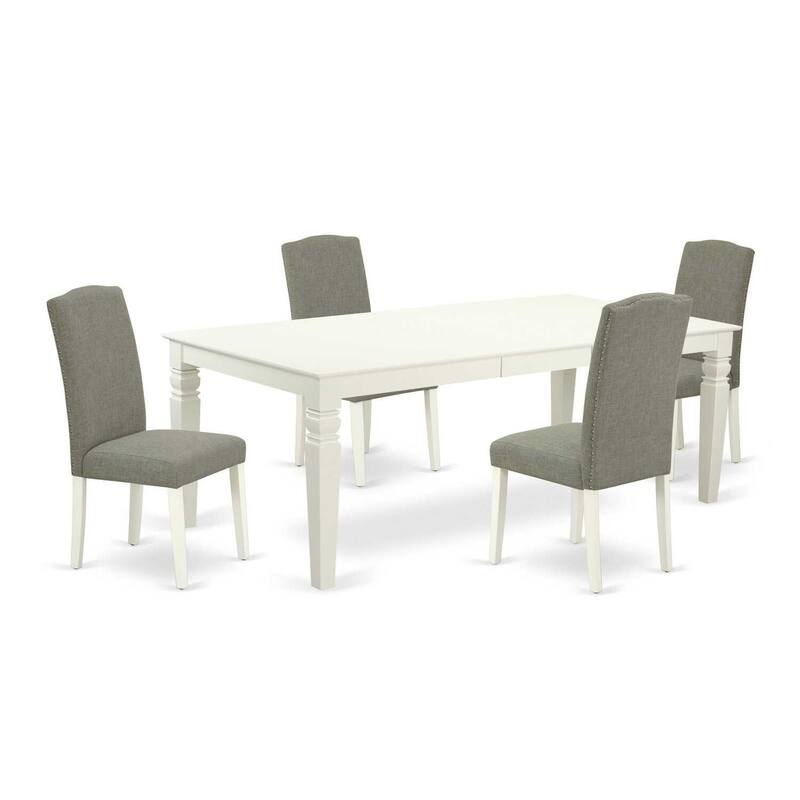 Rectangular Dining Table Set - 5pc Table & 4 Chairs - 66/84 Inch Table with Leaf - Linen White Legs