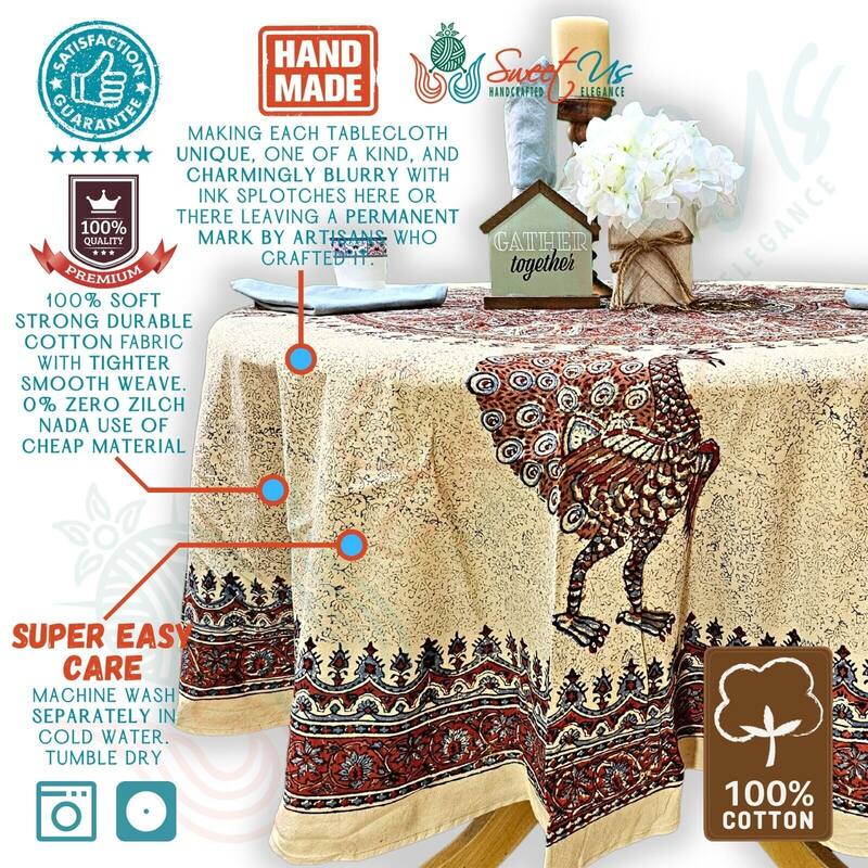 Block Print Veggie Dye Peacock Paradise Paisley Tablecloth Collection