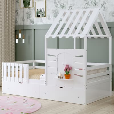 Twin Size House Bed w/ 2 Storage Drawers & Guardrails, Playhouse Bed w/ Roof and Window, Wooden Bed for Girls & Boys, White
