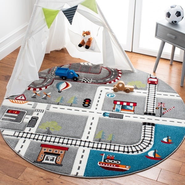 slide 2 of 70, SAFAVIEH Carousel Kids Riemy Neighborhood Road Rug 3' Round - Grey/Ivory