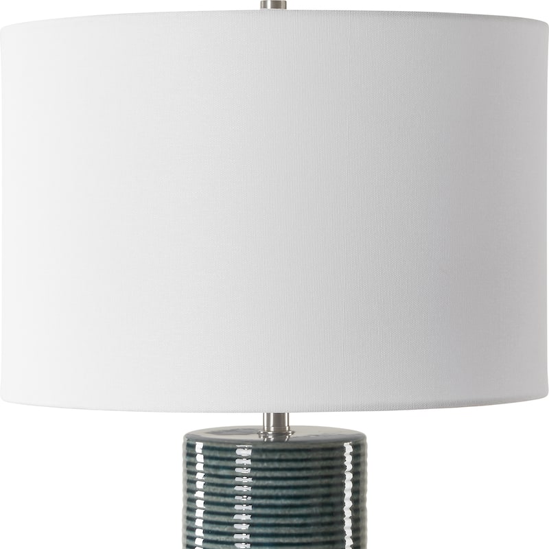 Strick & Bolton Teal Ceramic Table Lamp with Ribbed Texture and Linen Shade - 15 x in x 15 x in 28