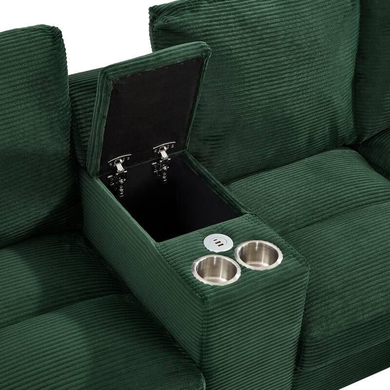 Corduroy Upholstered 4 Seat Sofa, U-shaped Sectional Sofa with Movable Storage Ottomans, Console, Cup Holders and USB Ports