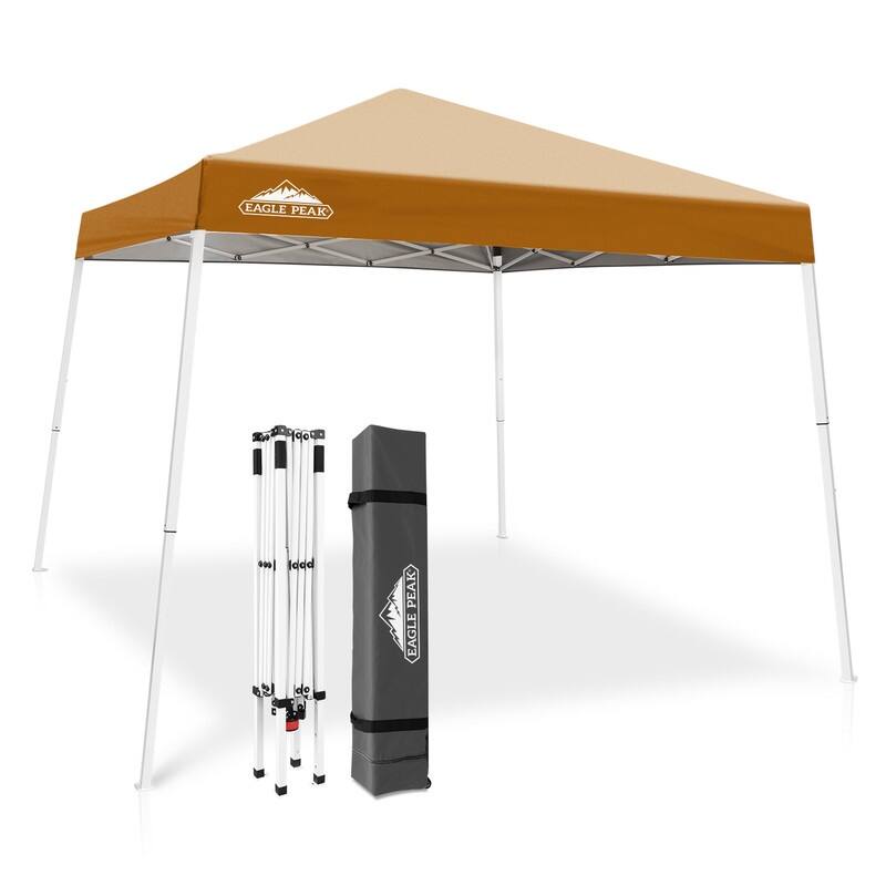 EAGLE PEAK 10x10 Slant Leg Pop-up Canopy Tent Easy One Person Setup Instant Outdoor Beach Canopy 8x8 Top - Khaki