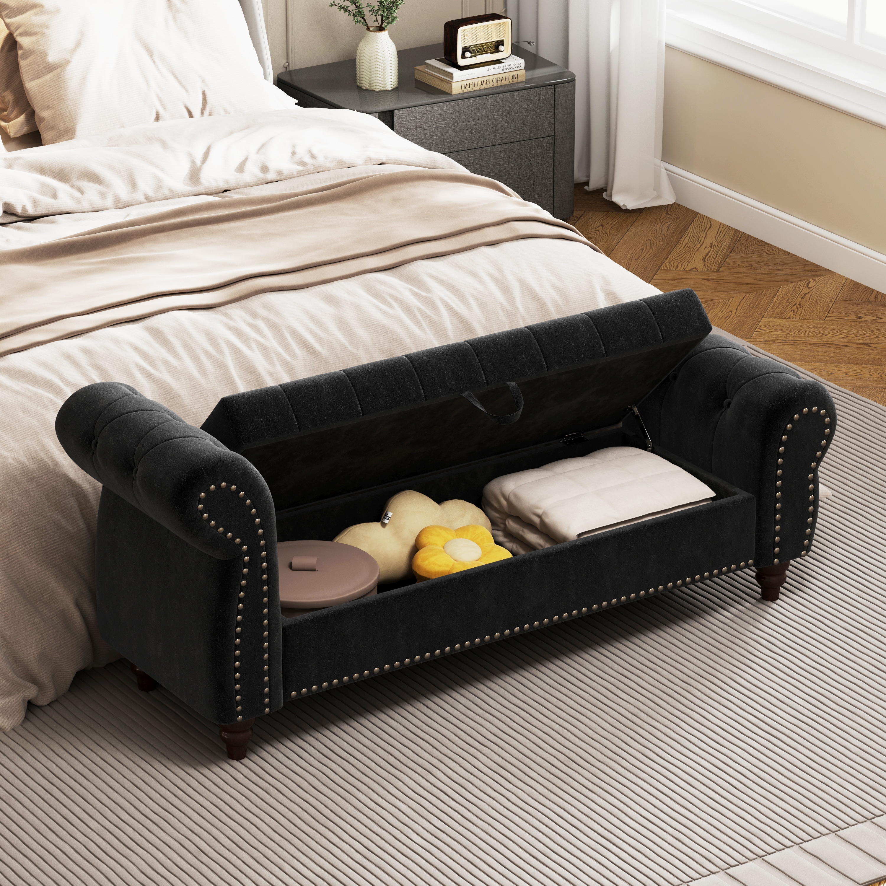 64.5" Tufted Velvet Bed Bench with Backrest and Storage, Upholstered Chaise Lounge Bench for Bedroom or Entryway